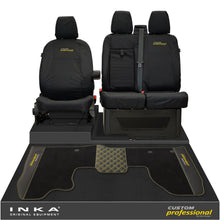 Load image into Gallery viewer, Ford Transit Custom MK1 Front 1+2 Tailored Waterproof Seat Covers &amp; Tailored Leatherette Floor Mat Black MY-12-23 (Choice of 7 Colours)- Custom Professional Embroidery
