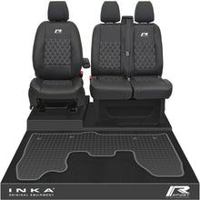 Load image into Gallery viewer, Ford Transit Custom MK1 Front 1+2 Bentley Diamond Quilt Leatherette Tailored Seat Covers &amp; Tailored Rubber Mat Black MY-12-23 (Choice of 7 Colours) - R-SPORT Embroidery
