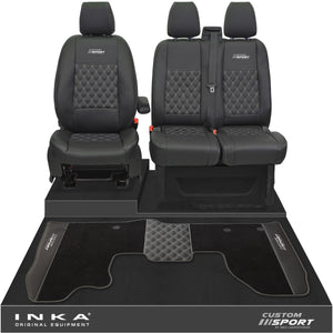 Ford Transit Custom Front 1+2 Bentley Diamond Quilt Tailored Seat Covers & Matching Tailored Floor Mat Black MY2012-23