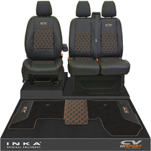 Load image into Gallery viewer, Ford Transit MK8/MK9 Front 1+2 Bentley Diamond Quilt Tailored Seat Covers &amp; Matching Tailored Floor Mat Black MY2014 Onwards
