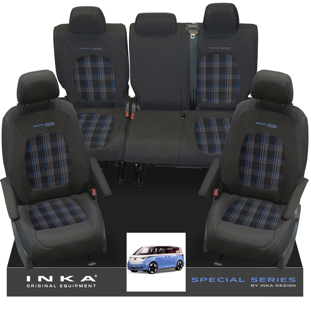 VW ID Buzz Life Style GTX Front & Rear Full Set Tailored Seat Covers, Second Skin Tartan With Special Series Embroidery MY22 onwards