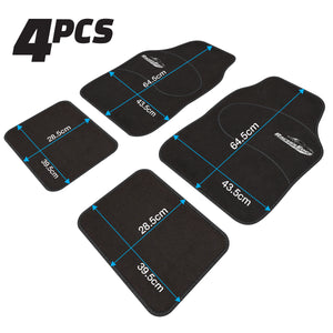 Racers Edge Universal Car Mats 4pcs Black with Embroidered Logos & Piping, Anti Slip backing, Heel Pad & Durable Carpet