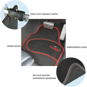 Racers Edge Universal Car Mats 4pcs Black with Embroidered Logos & Piping, Anti Slip backing, Heel Pad & Durable Carpet