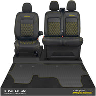 All New Ford Transit Custom Front 1+2 Bentley Diamond Quilt Leatherette Tailored Seat Covers & Tailored Rubber Mat Black MY-2024 (Choice of 7 Colours) - Custom Professional Embroidery