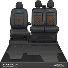 Load image into Gallery viewer, All New Ford Transit Custom Front 1+2 Bentley Diamond Quilt Leatherette Tailored Seat Covers &amp; Tailored Rubber Mat Black MY-2024 (Choice of 7 Colours) - Custom Sport Embroidery
