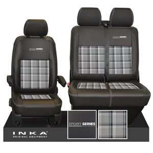New VW Transporter T6.1, T6, T5.1 Front 1+2 Sport-Series INKA Leatherette Tartan Tailored Seat Covers Black Fits Panel Van & Kombi