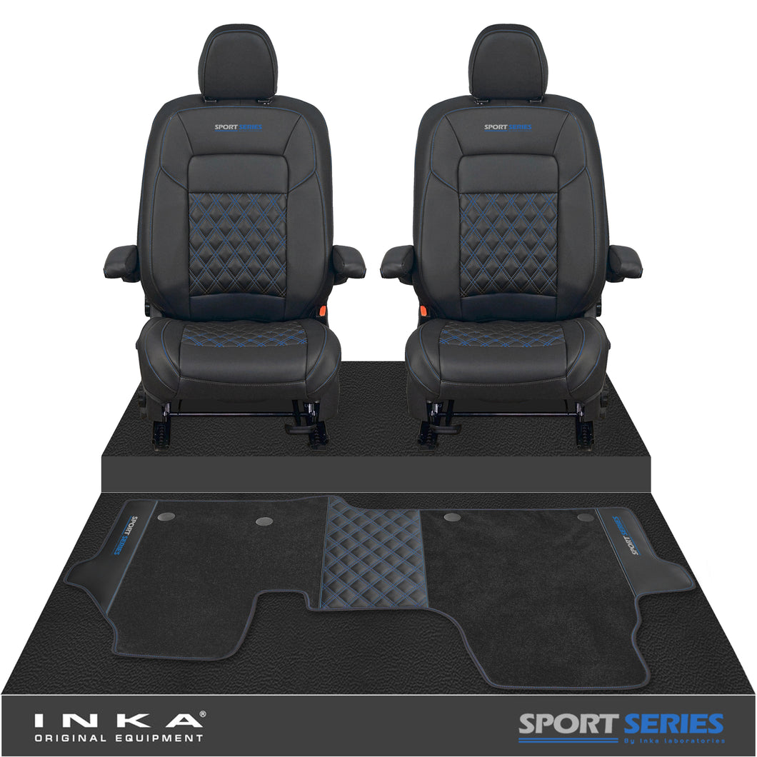 New VW Transporter T7 Panel Van INKA Front Bentley Leatherette Tailored Seat Covers & Matching Tailored Floor Mat Black MY25 Onwards