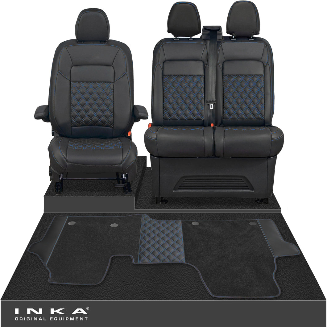 New VW Transporter T7 Panel Van INKA Front Bentley Leatherette Tailored Seat Covers & Matching Tailored Floor Mat Black MY25 Onwards