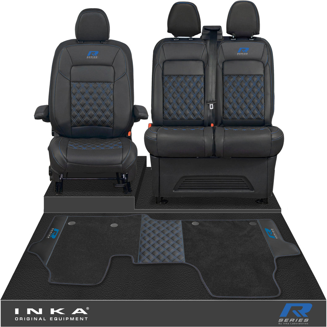 New VW Transporter T7 Panel Van INKA Front Bentley Leatherette Tailored Seat Covers & Matching Tailored Floor Mat Black MY25 Onwards