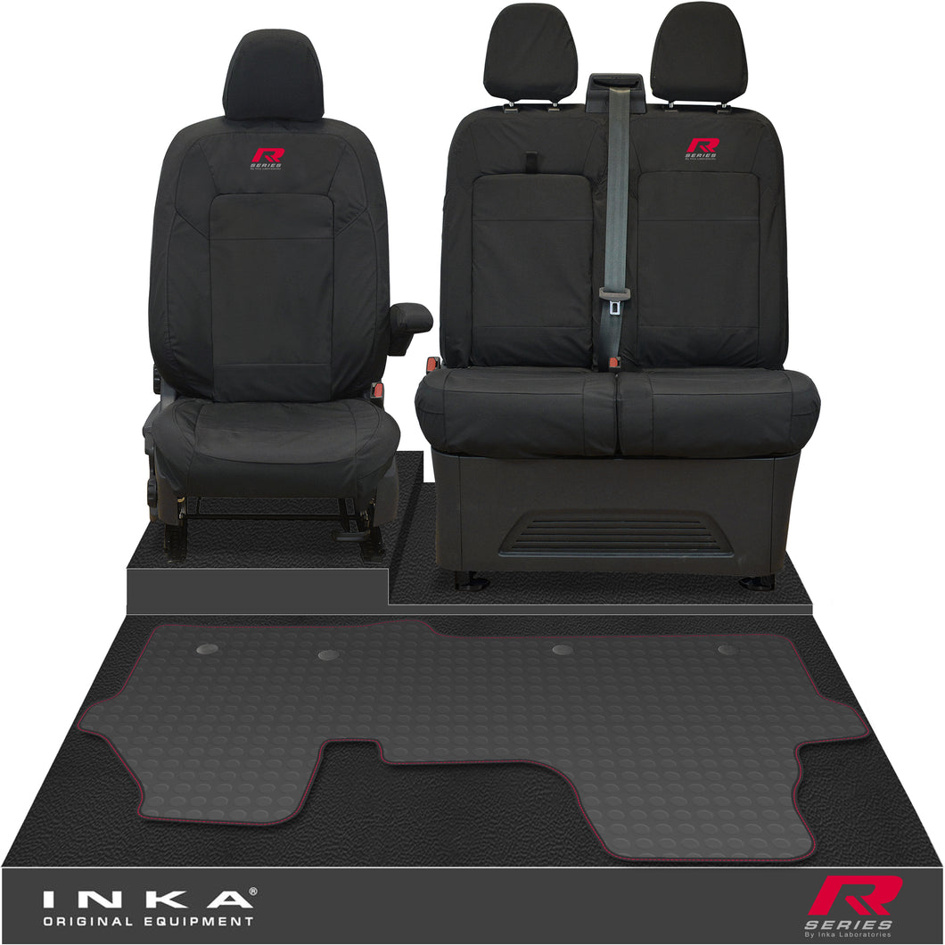 New VW Transporter T7 Panel Van INKA Front Set Tailored Waterproof Seat Covers & Tailored Rubber Mat Black MY25 Onwards