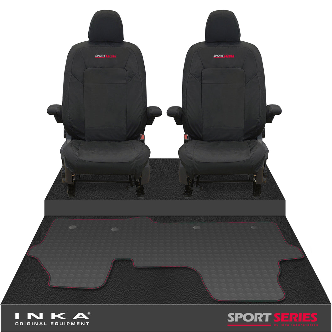 New VW Transporter T7 Panel Van INKA Front Set Tailored Waterproof Seat Covers & Tailored Rubber Mat Black MY25 Onwards