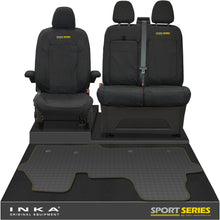 Load image into Gallery viewer, New VW Transporter T7 Panel Van INKA Front Set Tailored Waterproof Seat Covers &amp; Tailored Rubber Mat Black MY25 Onwards

