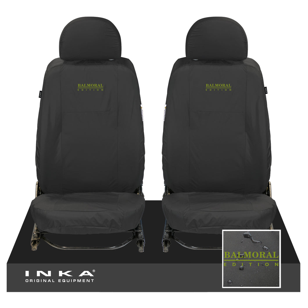 Land Rover Defender Front Set L316 INKA Tailored Waterproof Sear Covers Black-  Fits 90/110- MY-07-16 With Bespoke Balmoral Edition Embroidery