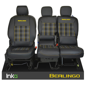 Citroen Berlingo INKA Front 1+2 Tailored Tartan Front Leatherette Seat Covers Black MY18+ MARK 3
