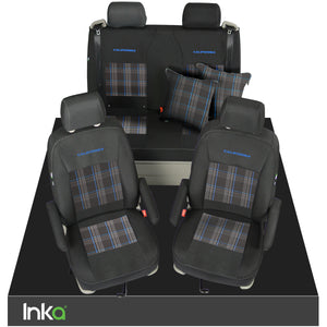 VW California T6.1, T6, T5.1, T5 Ocean, Coast, Beach, SE INKA Tailored Front & Rear Embroidred GTi Tartan Centres Seat Covers [Choice of 6 colours]
