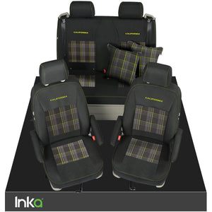 VW California T6.1, T6, T5.1, T5 Ocean, Coast, Beach, SE INKA Tailored Front & Rear Embroidred GTi Tartan Centres Seat Covers [Choice of 6 colours]