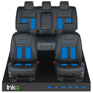 Ford Ranger T6 INKA Front & Rears Striped Tailored Seat Covers Black- MY-2011+ ( Choice of 6 Colours )