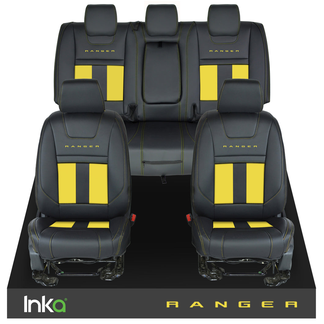 Ford Ranger T6 INKA Front & Rears Striped Tailored Seat Covers Black- MY-2011+ ( Choice of 6 Colours )
