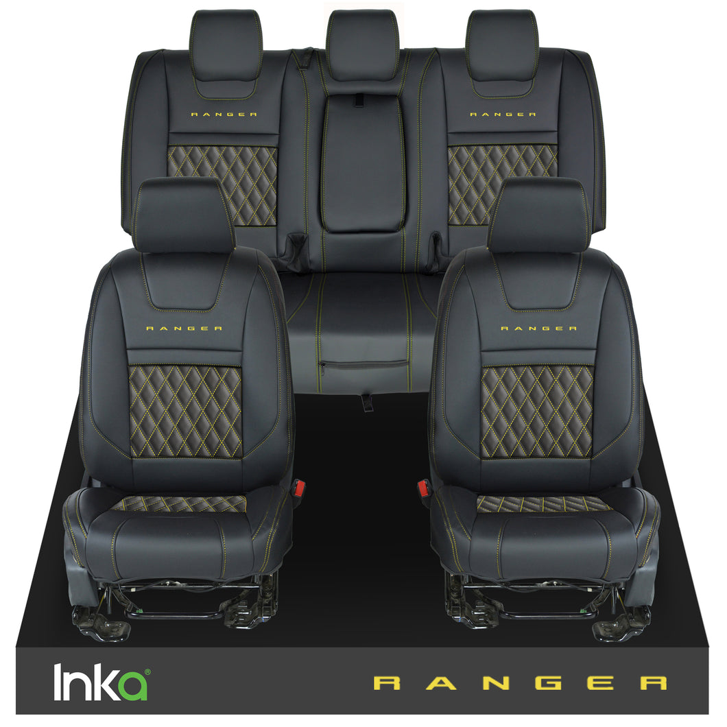 Ford Ranger T6 INKA Front & Rears Tailored Seat Covers Black Bentley Diamond Quilt - MY-2011+ ( Choice of 6 Colours )