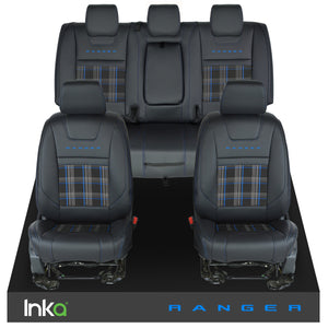 Ford Ranger T6 INKA Front & Rear GTi Tartan Tailored Seat Covers Black- MY-2011+ ( Choice of 6 Colours )