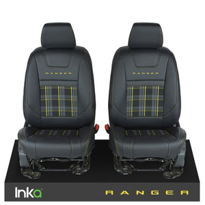 Ford Ranger T6 INKA Front GTi Tartan Tailored Seat Covers Black- MY-2011+ ( Choice of 6 Colours )