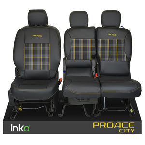Toyota Proace City INKA Front 1+2 Tailored GTi Tartan Leatherette Seat Covers Black MY18+