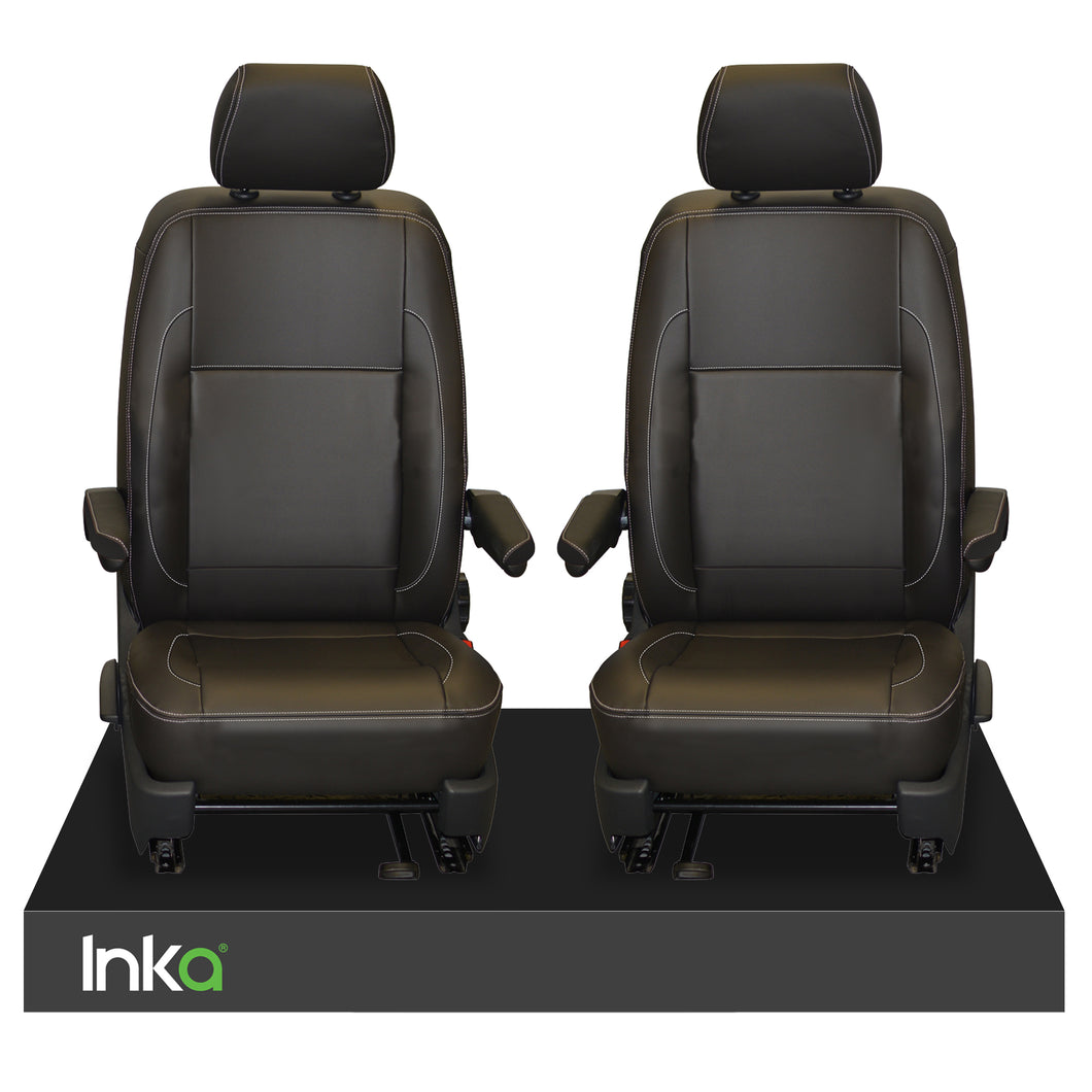 VW Transporter T6,T5 Front INKA Tailored Seat Covers Black OEM Vinyl Leatherette Captains Seats,White Stitch,MATT LEATHER LOOK