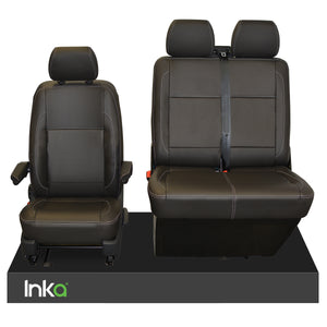 VW Transporter T6,T5 Front INKA Tailored Seat Covers Black OEM Vinyl Leatherette MY10 onwards,White Stitch,MATT LEATHER LOOK & FEEL 1+2