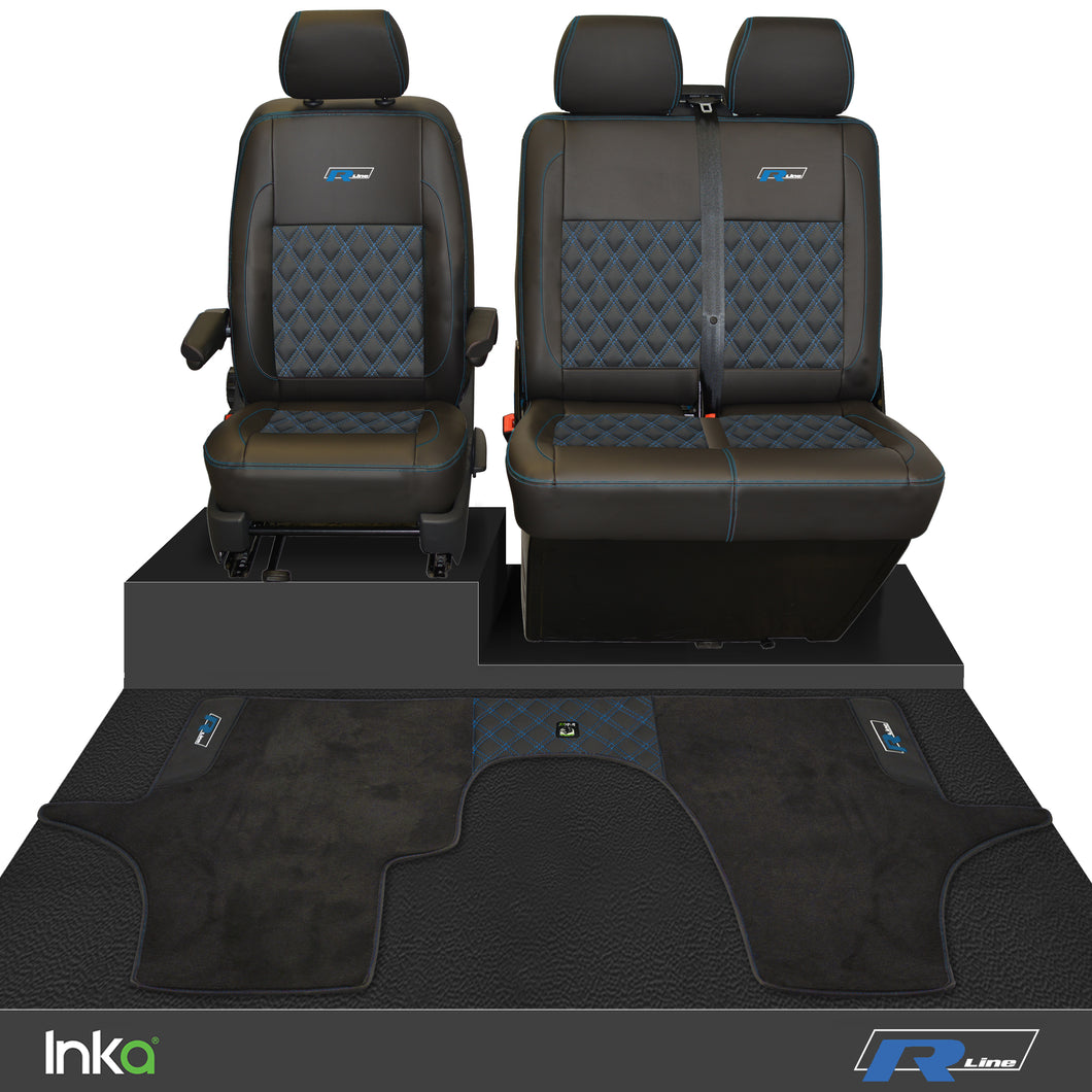 VW Transporter T6.1,T6,T5.1 R-Line Front 1+2 Diamond Quilt Tailored Seat Covers & Matching Tailored Floor Mat ( Choice of 6 Colours )