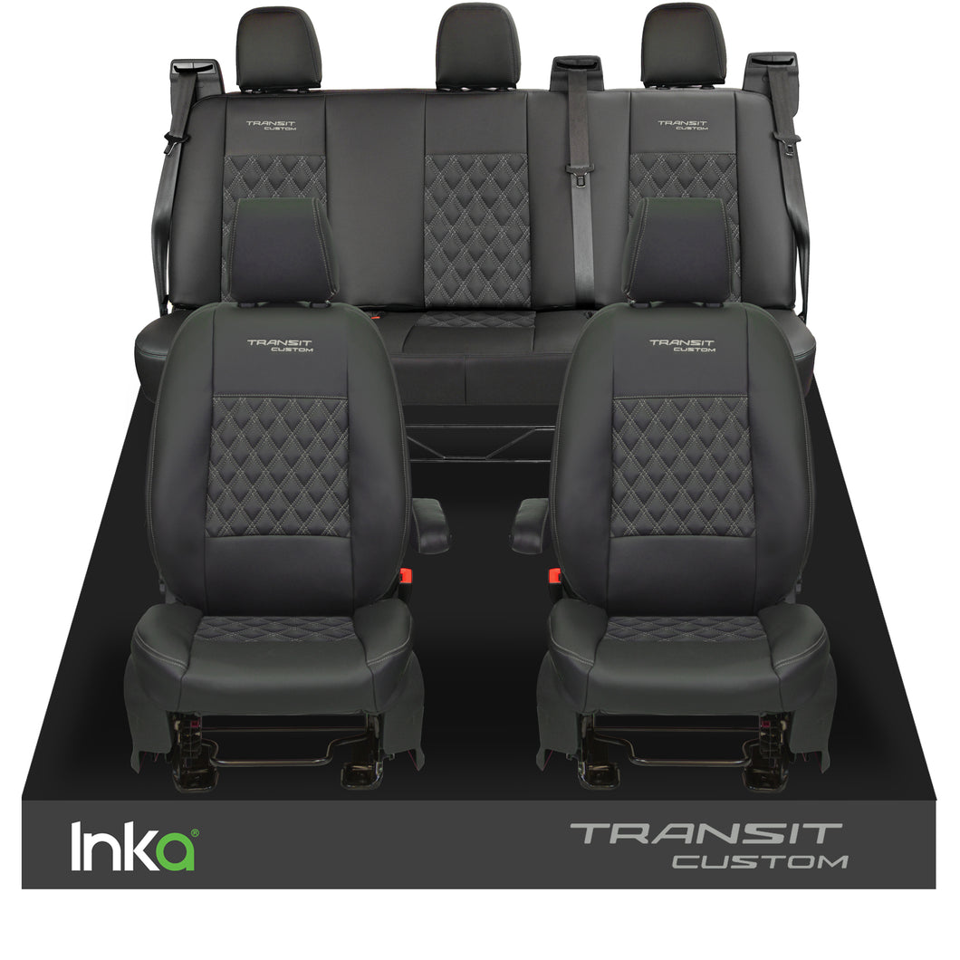 Ford Transit Custom INKA Front & Rear Tailored Seat Cover Black Bentley Diamond Quilt
