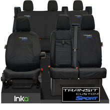 Load image into Gallery viewer, Ford Transit Custom Sport Front 1+2 &amp; Rear Triple INKA Tailored Waterproof Seat Covers Black [Choice of 6 Embroidery Colours] MY2012 - 2023

