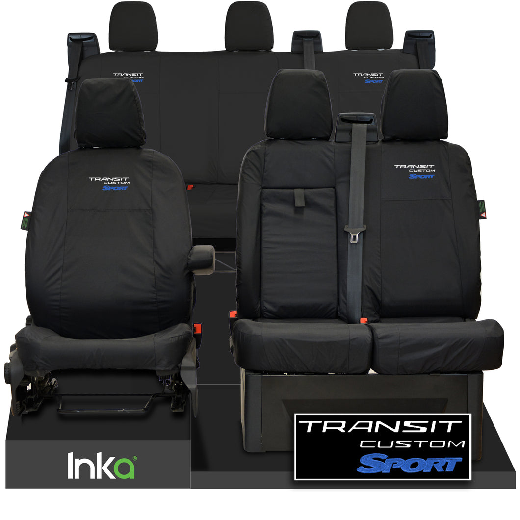 Ford Transit Custom Sport Front 1+2 & Rear Triple INKA Tailored Waterproof Seat Covers Black [Choice of 6 Embroidery Colours] MY2012 - 2023