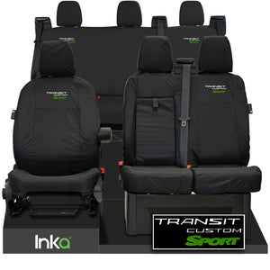 Ford Transit Custom Sport Front 1+2 & Rear Triple INKA Tailored Waterproof Seat Covers Black [Choice of 6 Embroidery Colours] MY2012 - 2023