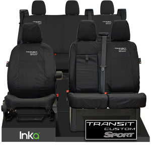 Ford Transit Custom Sport Front 1+2 & Rear Triple INKA Tailored Waterproof Seat Covers Black [Choice of 6 Embroidery Colours] MY2012 - 2023