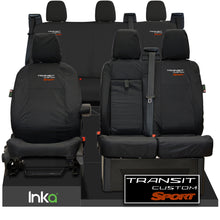 Load image into Gallery viewer, Ford Transit Custom Sport Front 1+2 &amp; Rear Triple INKA Tailored Waterproof Seat Covers Black [Choice of 6 Embroidery Colours] MY2012 - 2023
