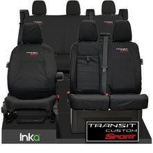 Load image into Gallery viewer, Ford Transit Custom Sport Front 1+2 &amp; Rear Triple INKA Tailored Waterproof Seat Covers Black [Choice of 6 Embroidery Colours] MY2012 - 2023
