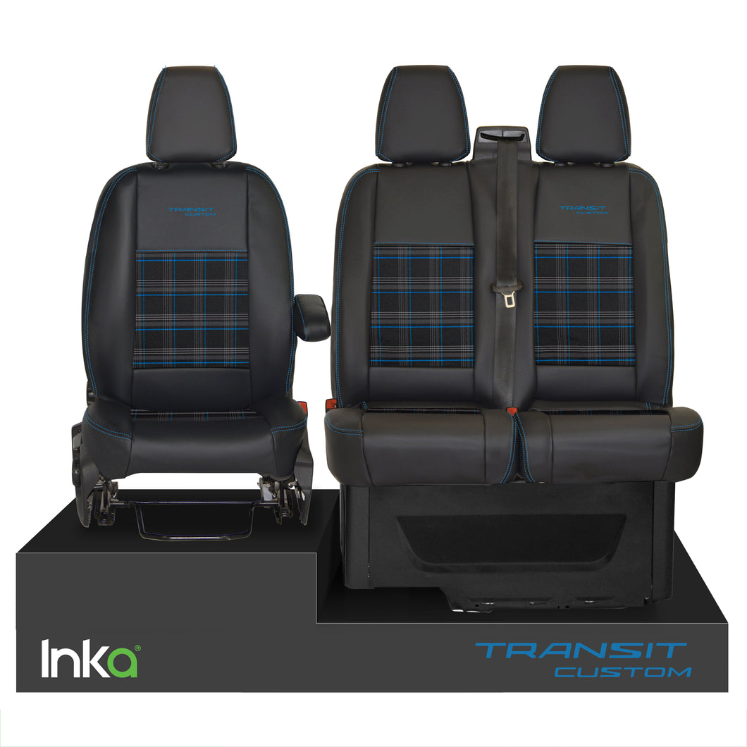 INKA Tailored Ford Transit Custom Front Seat Covers Black 1+2 Vinyl Leatherette coloured GTi Tartan Centres [Choice of 7 colours]