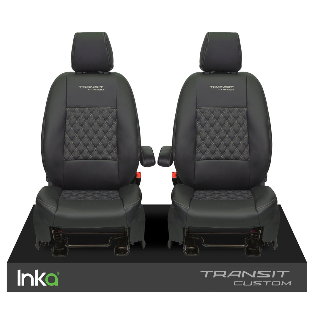 Ford Transit Custom INKA Front 1+1 Tailored Seat Covers Black Bentley Diamond Quilt ( Choice of 6 Colours MY-2012-23)