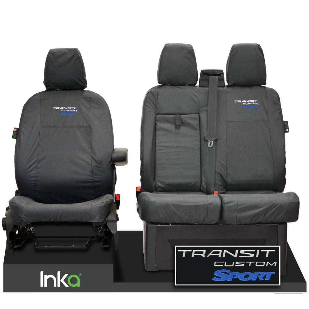 Ford Transit Custom Front Seat Covers 1+2 With Centre Armrest Model Year 2012-2023 With Transit Custom Sport EMB GREY [Choice of 6 Colours]