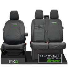 Load image into Gallery viewer, Ford Transit Custom Front Seat Covers 1+2 With Centre Armrest Model Year 2012-2023 With Transit Custom Sport EMB GREY [Choice of 6 Colours]

