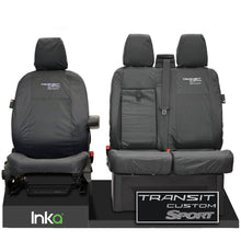 Load image into Gallery viewer, Ford Transit Custom Front Seat Covers 1+2 With Centre Armrest Model Year 2012-2023 With Transit Custom Sport EMB GREY [Choice of 6 Colours]
