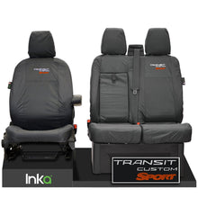 Load image into Gallery viewer, Ford Transit Custom Front Seat Covers 1+2 With Centre Armrest Model Year 2012-2023 With Transit Custom Sport EMB GREY [Choice of 6 Colours]
