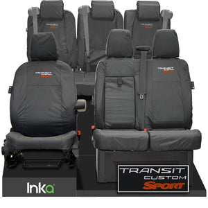 Ford Transit Custom Crew Cab Sport Front & Rear 2+1 SPLIT Tailored Waterproof Seat Covers Embroidery Grey [Choice of 6 Colours]