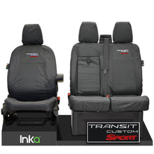 Load image into Gallery viewer, Ford Transit Custom Front Seat Covers 1+2 With Centre Armrest Model Year 2012-2023 With Transit Custom Sport EMB GREY [Choice of 6 Colours]

