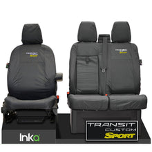 Load image into Gallery viewer, Ford Transit Custom Front Seat Covers 1+2 With Centre Armrest Model Year 2012-2023 With Transit Custom Sport EMB GREY [Choice of 6 Colours]
