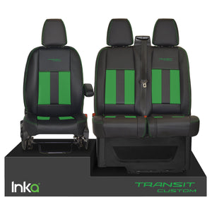 INKA Tailored Ford Transit Custom Front Seat Covers Black 1+2 OEM Vinyl Matt Leatherette with Embroidery [Choice of 6 colours]