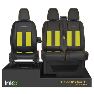 INKA Tailored Ford Transit Custom Front Seat Covers Black 1+2 OEM Vinyl Matt Leatherette with Embroidery [Choice of 6 colours]