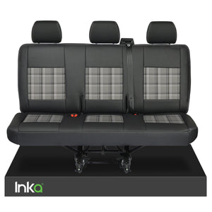 VW Transporter T6,T5 Rear Triple Seat Covers Black Matt Leatherette with coloured GTi Tartan Centres [Choice of 7 colours]