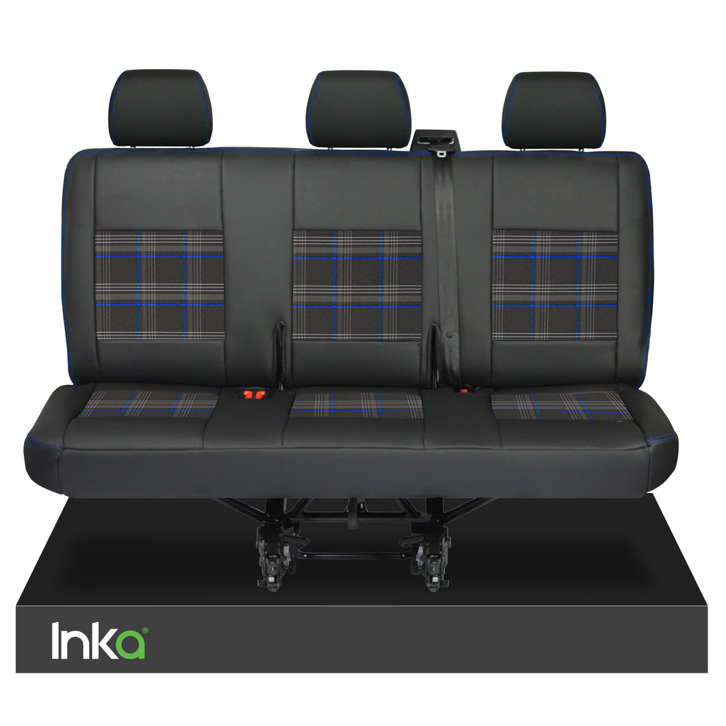 VW Transporter T6,T5 Rear Triple Seat Covers Black Matt Leatherette with coloured GTi Tartan Centres [Choice of 7 colours]