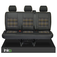 Load image into Gallery viewer, VW Transporter T6,T5 Rear Triple Seat Covers Black Matt Leatherette with coloured GTi Tartan Centres [Choice of 7 colours]
